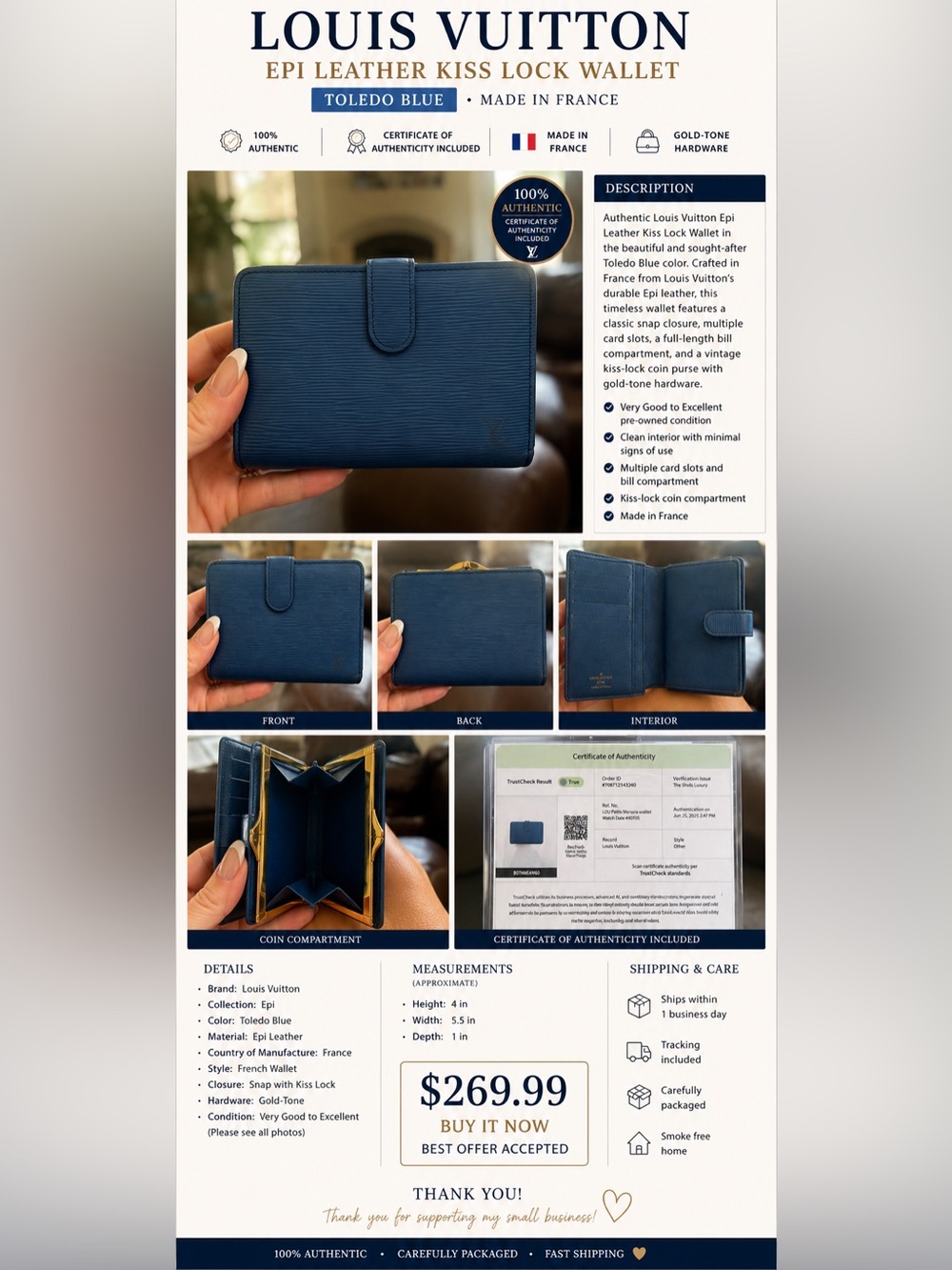 Louis Vuitton Epi Leather Wallet in Toledo Blue with Gold-Tone Hardware